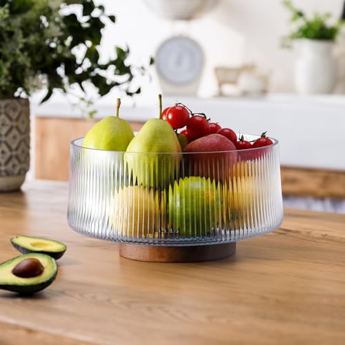 NiHome Glass Salad Bowl, Acacia Wood Base, Ribbed Design, Oversized Capacity for Family Dinners & Parties, Multipurpose Serving