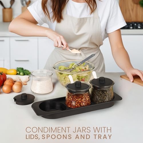 BELLE VOUS Seasoning Box Set with Tray - Clear Spice Jars with Lids and Spoons - Kitchen Condiment Storage
