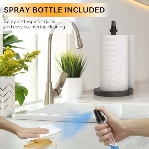 Manduoye Paper Towel Holder w/ Spray Bottle, One-Handed Operation, Non Slip Base - Countertop Kitchen & Bathroom Accessory