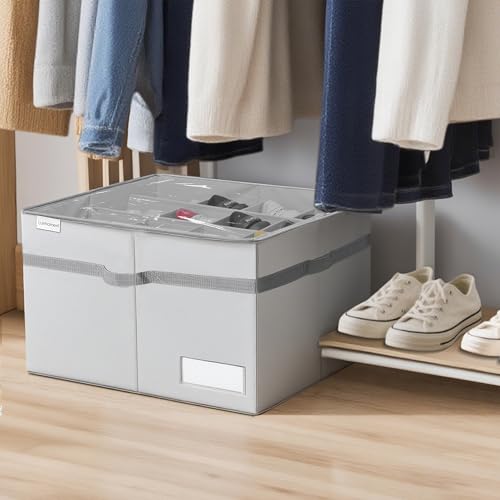 LUVHOMEE Shoe Organizer: Large Clear Box for 16 Pairs, Foldable Bins with Reinforced Handles, Space-Saving Grey Holder