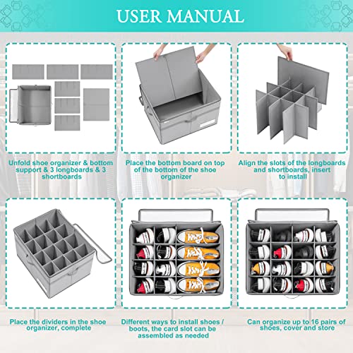 LUVHOMEE Shoe Organizer: Large Clear Box for 16 Pairs, Foldable Bins with Reinforced Handles, Space-Saving Grey Holder