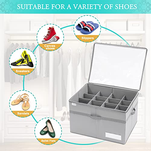 LUVHOMEE Shoe Organizer: Large Clear Box for 16 Pairs, Foldable Bins with Reinforced Handles, Space-Saving Grey Holder
