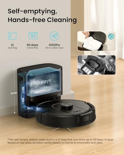 Vexilar Self-Emptying Robot Vacuum: Laser Navigation, 60 Days Hands-Free Cleaning, 6000Pa Suction for Floors, Carpets