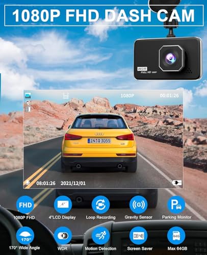 Dash Cam: Full HD 1080P, 170° Wide-Angle Lens, Night Vision
