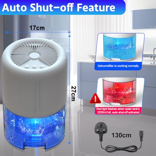 Brand Dehumidifier: Bedroom Home Dehumidifier, 2200ML Capacity, Auto-Off, Quiet, 2 Modes - Ideal for Bathroom, Basement, Kitchen