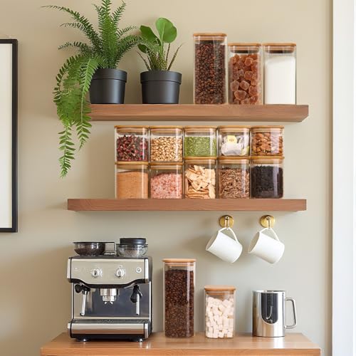 ComSaf Glass Storage Containers 1.1L, Set of 9 Bamboo Lids - Food Pantry Organizers for Flour Tea Coffee