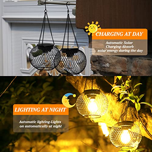 KagoLing Solar Lanterns: 2 Pack Outdoor Garden Hanging Lights, IP65 Waterproof, Auto On/Off, Metal Yard Art for Patio Fence - Warm White