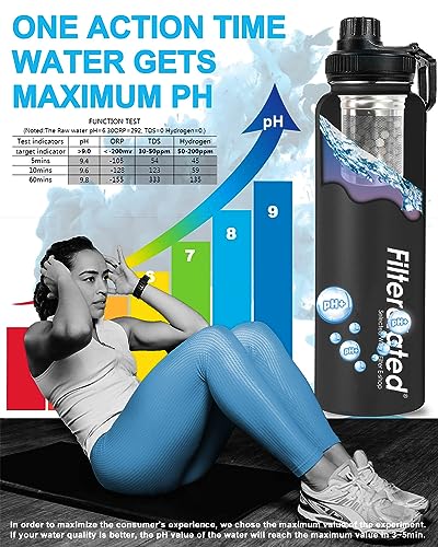 Stainless Steel Alkaline Water Bottle - Portable Sports Filter, pH 9+, 800ml - Ideal for Travel, Home, Health - Black