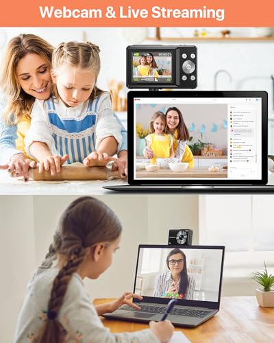 Compact Digital Camera 44MP 1080P, 16X Zoom, 2.4" LCD Screen, Vlogging for Kids, Beginners, Teens - Black