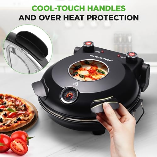 NutriChef 12-inch Pizza Oven: Temp Control, Viewing Window, Non-Stick Stone - Heats to 425°C - Easy Clean Home Pizza Maker - Black