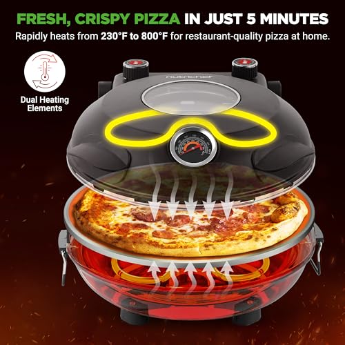 NutriChef 12-inch Pizza Oven: Temp Control, Viewing Window, Non-Stick Stone - Heats to 425°C - Easy Clean Home Pizza Maker - Black