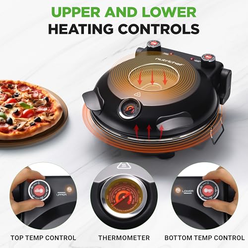 NutriChef 12-inch Pizza Oven: Temp Control, Viewing Window, Non-Stick Stone - Heats to 425°C - Easy Clean Home Pizza Maker - Black