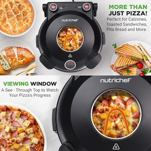 NutriChef 12-inch Pizza Oven: Temp Control, Viewing Window, Non-Stick Stone - Heats to 425°C - Easy Clean Home Pizza Maker - Black