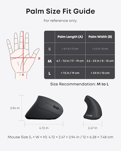 Anker Wireless Vertical Ergonomic Mouse, 800-1600 DPI, 5 Buttons, for Laptop, PC - Black
