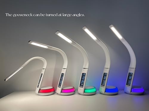 i-Smt LED Table Lamp Wireless Charging, Eye Protection, 9 Lighting Modes, Calendar, Time, Alarm, Temperature Display, Adjustable Gooseneck Arm, Neon Base