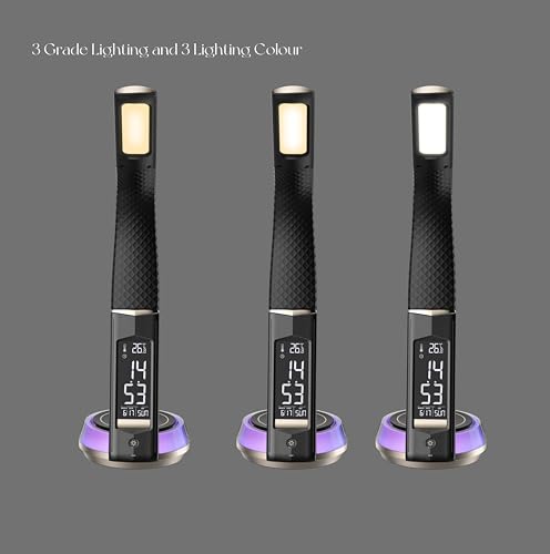 i-Smt LED Table Lamp Wireless Charging, Eye Protection, 9 Lighting Modes, Calendar, Time, Alarm, Temperature Display, Adjustable Gooseneck Arm, Neon Base