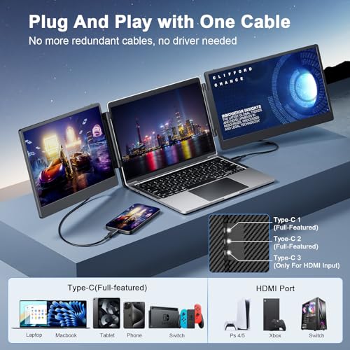 Laptop Screen Extender - Dual Monitor, 1080P FHD IPS Portable Display - Windows Mac Android - Fits 13-16.5 inch Laptops