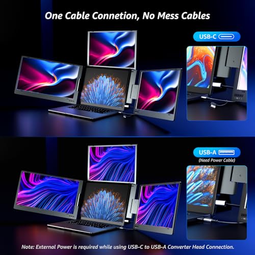 KPKUE 14 inch Triple Screen Extender for Laptop, FHD IPS Monitor, USB-C Connection, Dual Screen Compatible with 11.6"-15.6" Devices