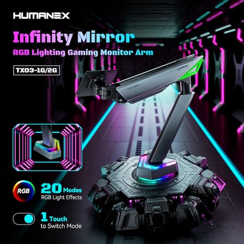 Humanex Gaming Monitor Arm with 20 Mode RGB LED Lights - Adjustable Mount for 17-45 inch Screens - Cable Management
