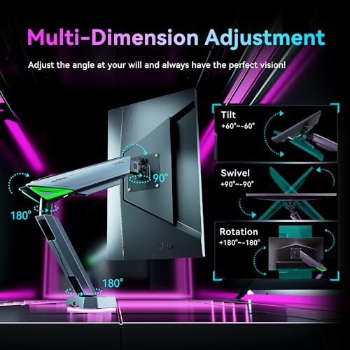 Humanex Gaming Monitor Arm with 20 Mode RGB LED Lights - Adjustable Mount for 17-45 inch Screens - Cable Management
