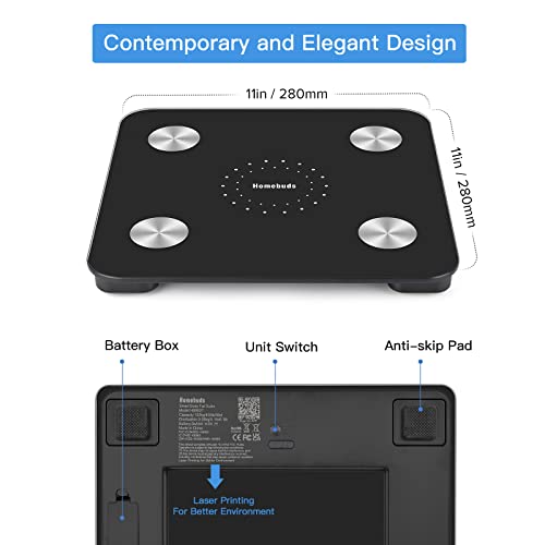 Homebuds Smart Body Fat Scale: Digital Bathroom Scale for Weight, BMI, Muscle, Water with App - Professional Body Composition Monitor