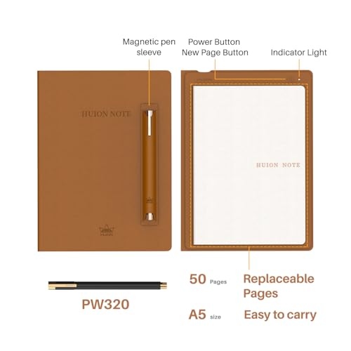 HUION Note Smart Notebook Writing Pad, Bluetooth 5.0, 8192 Pressure Levels, Note-taking & Sketching, Android/iOS/Windows/macOS/Linux, Brown, 7.35×5.5 inch