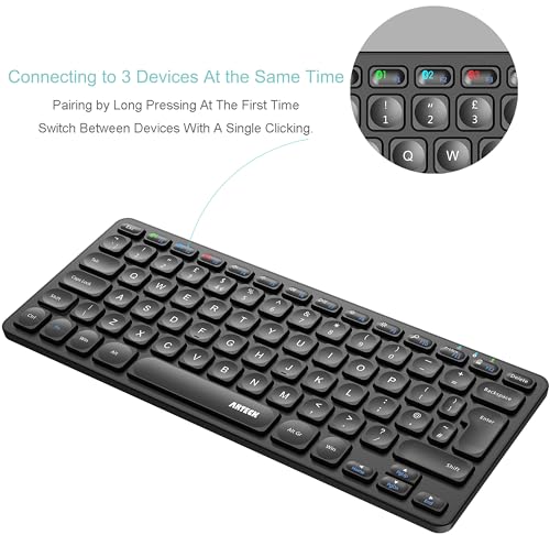 Arteck Bluetooth Keyboard: Ultra Slim Multi-Device Wireless with Media Hotkeys for Windows iOS Android Desktop Tablet