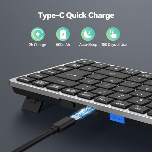 TECKNET Wireless Keyboard: Rechargeable Bluetooth for 4 Devices, Compact Mini Keypad, Silent Keys - Laptop, Phone, TV, Tablet