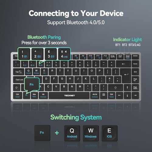 TECKNET Wireless Keyboard: Rechargeable Bluetooth for 4 Devices, Compact Mini Keypad, Silent Keys - Laptop, Phone, TV, Tablet