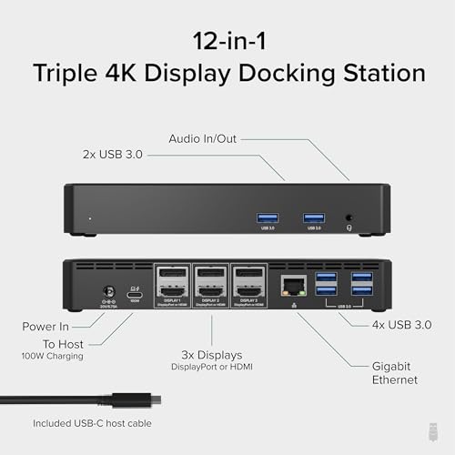 Plugable 12-in-1 USB C Dock: Triple 4K Monitors, Mac/Windows Compatible