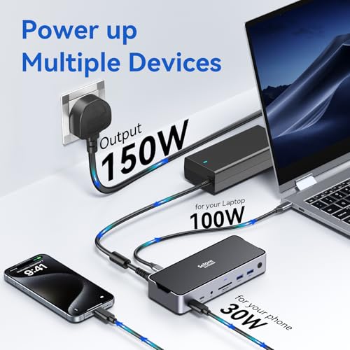 Laptop Docking Station: 3-Monitor HDMI DisplayPort, USB C 3.1, 4K144Hz, 13-in-1 Hub, 150W Power Supply, PD 30W