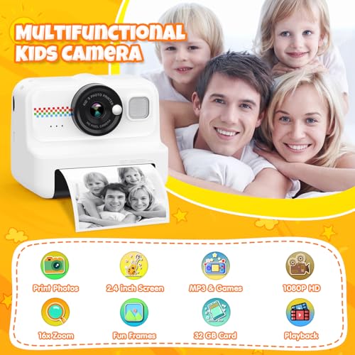 HiMont Kids Camera: 1080P Instant Print, 32GB Card, Selfie Digital Cam, Funny Toys for Boys & Girls, Age 3-12