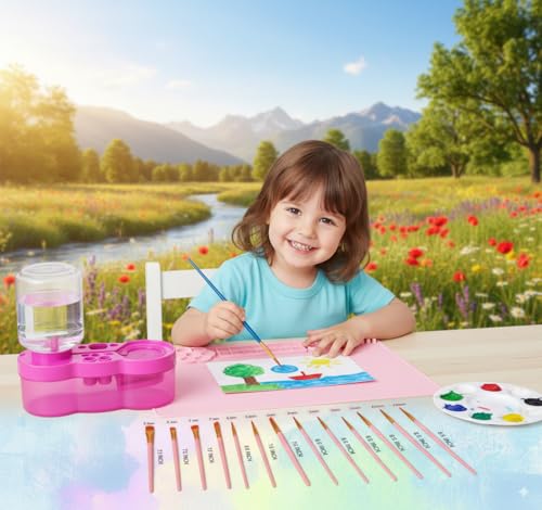 Kids Art Station: Silicone Painting Mat, Brush Cleaner, 10 Brushes - Ideal for Acrylic Painting, DIY Crafts - Pink
