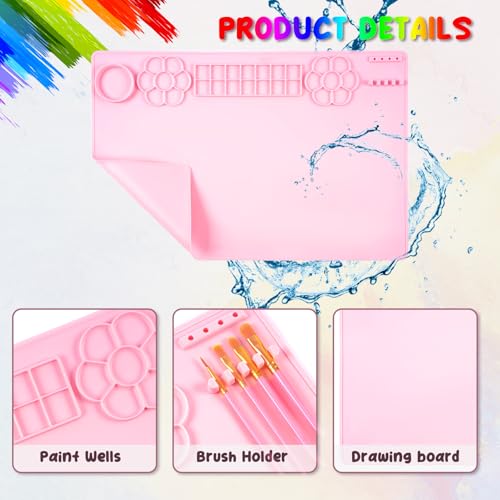 Kids Art Station: Silicone Painting Mat, Brush Cleaner, 10 Brushes - Ideal for Acrylic Painting, DIY Crafts - Pink