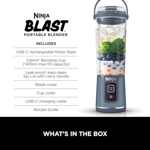 Ninja Blast Portable Blender 530ml: Cordless, Rechargeable, Smoothies, Protein Shakes, Blends Ice & Fruit