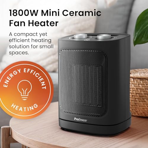 Pro Breeze Mini Ceramic Fan Heater - 2 Heat Settings, Fan Mode - Overheat Protection - Electric Heater for Home, Office (Black)