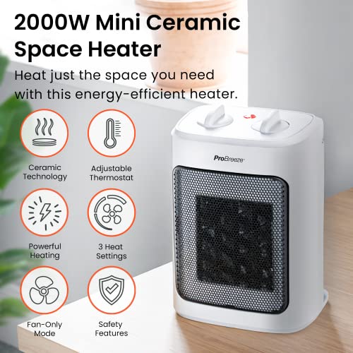 Pro Breeze Mini Ceramic Fan Heater - 3 Heat Settings, Fan Mode, Overheat Protection - Ideal for Home, Office