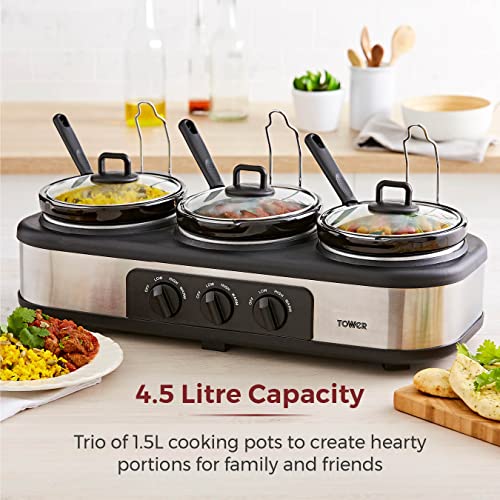 Tower Three Pot Slow Cooker, Independent Temp Controls, Keep Warm, 1.5L Each, Stainless Steel