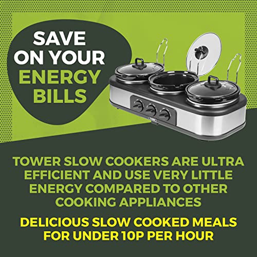 Tower Three Pot Slow Cooker, Independent Temp Controls, Keep Warm, 1.5L Each, Stainless Steel