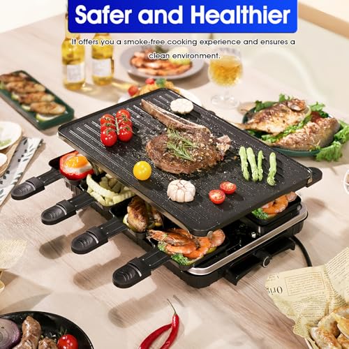 LeuKoles Raclette Grill for 8 People, 1300W Electric with Reversible Non-stick Pan & Mini Cheese Pans - Indoor BBQ & Party