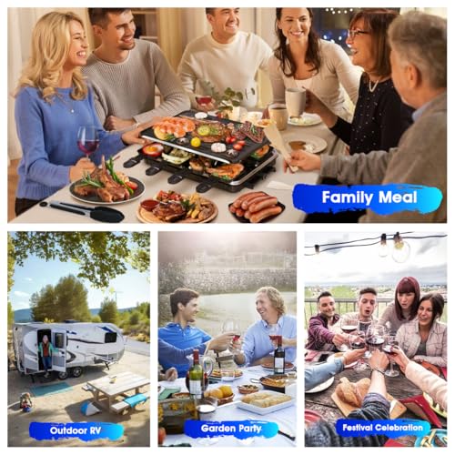 LeuKoles Raclette Grill for 8 People, 1300W Electric with Reversible Non-stick Pan & Mini Cheese Pans - Indoor BBQ & Party