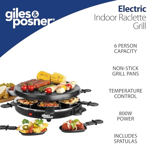 Giles & Posner Electric Round Raclette Grill - Tabletop 6 Person, Non-Stick Pans, Spatulas, 29cm Plate, 800W