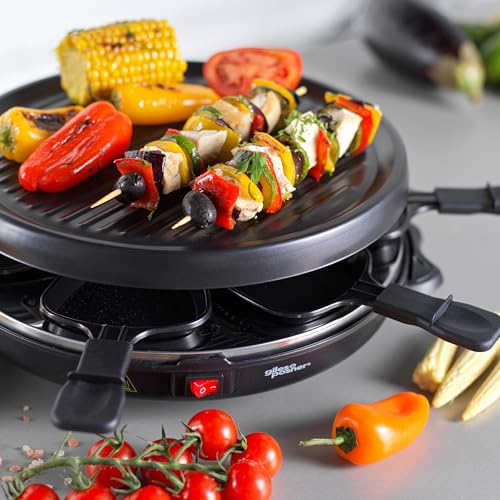 Giles & Posner Electric Round Raclette Grill - Tabletop 6 Person, Non-Stick Pans, Spatulas, 29cm Plate, 800W