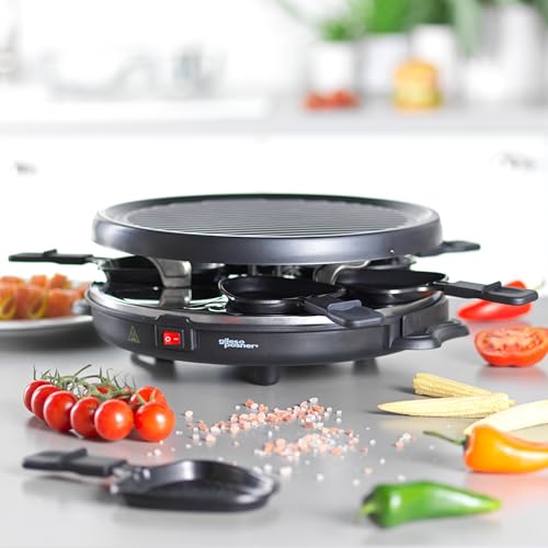Giles & Posner Electric Round Raclette Grill - Tabletop 6 Person, Non-Stick Pans, Spatulas, 29cm Plate, 800W