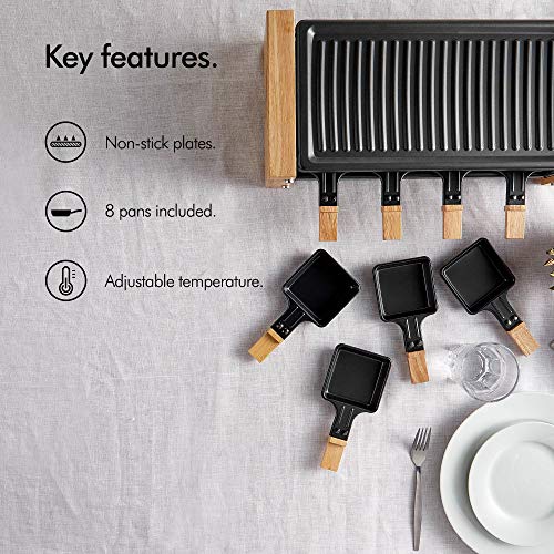 VonShef Electric Raclette Grill - 1200W Stone Machine for 8, Adjustable Temp, Scandi Wooden Design, 8 Mini Pans & Cool Handles