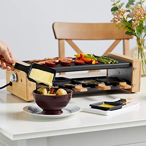 VonShef Electric Raclette Grill - 1200W Stone Machine for 8, Adjustable Temp, Scandi Wooden Design, 8 Mini Pans & Cool Handles