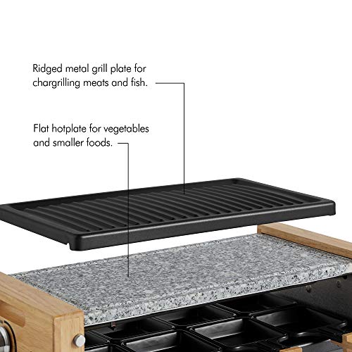 VonShef Electric Raclette Grill - 1200W Stone Machine for 8, Adjustable Temp, Scandi Wooden Design, 8 Mini Pans & Cool Handles