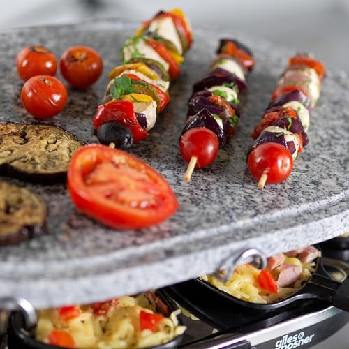Giles & Posner Stone Raclette Grill: Indoor Tabletop 8 Person, Removable Hot Plate, Non-Stick Pans, Spatulas, Adjustable Temp - 1200W