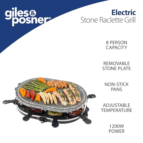 Giles & Posner Stone Raclette Grill: Indoor Tabletop 8 Person, Removable Hot Plate, Non-Stick Pans, Spatulas, Adjustable Temp - 1200W