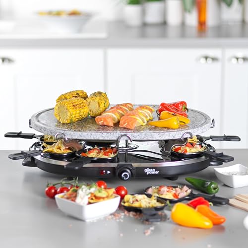 Giles & Posner Stone Raclette Grill: Indoor Tabletop 8 Person, Removable Hot Plate, Non-Stick Pans, Spatulas, Adjustable Temp - 1200W